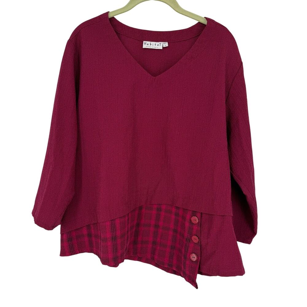 Habitat Lagenlook Pullover Asymmetric Hem Top Layered SZ L 3/4 Sleeve Plaid